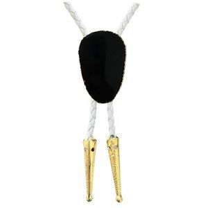 Black Onyx Gold Trim Bolo Tie with White Braided Vegan Leather Cord